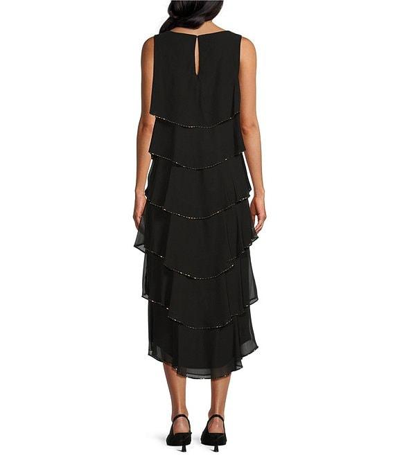 Ignite Evenings Petite Size Boat Neck Tiered Chiffon Midi Dress Product Image