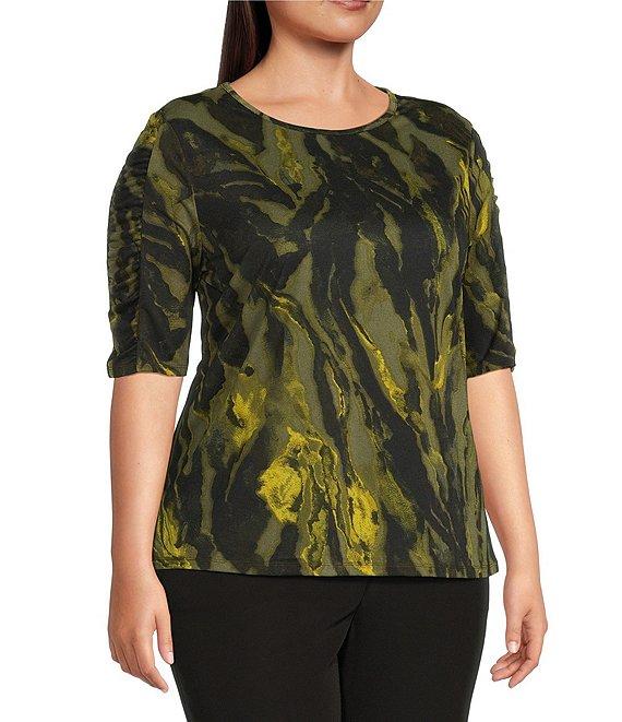 Investments Plus Size Knit Painted Bronze Green Zebra Elbow Length Sleeve Crew Neck Top Product Image