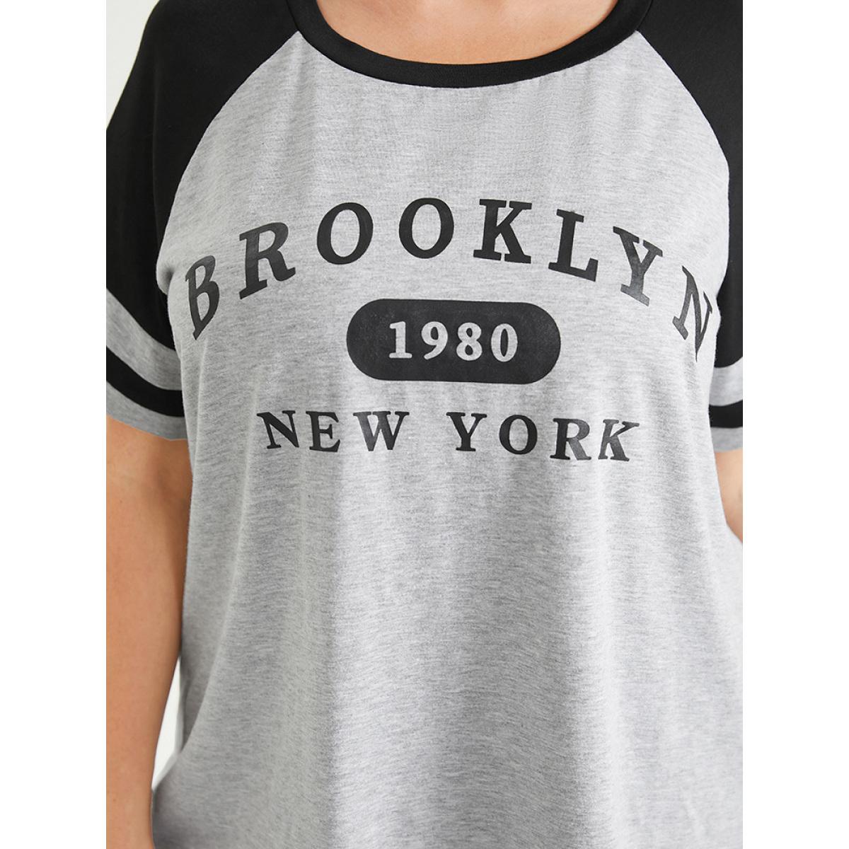 Plus Size Letter Print Contrast Raglan Sleeve Graphic Tee LightGray Women Casual Striped Dailywear T-shirts BloomChic 28/5X Product Image