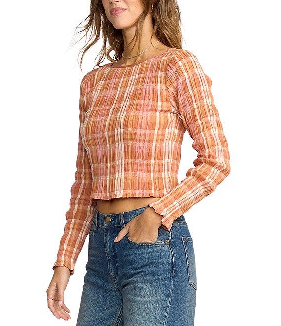 Billabong Check Me Out Yarn-Dyed Plaid Checked Long Sleeve Textured Knit Top Product Image