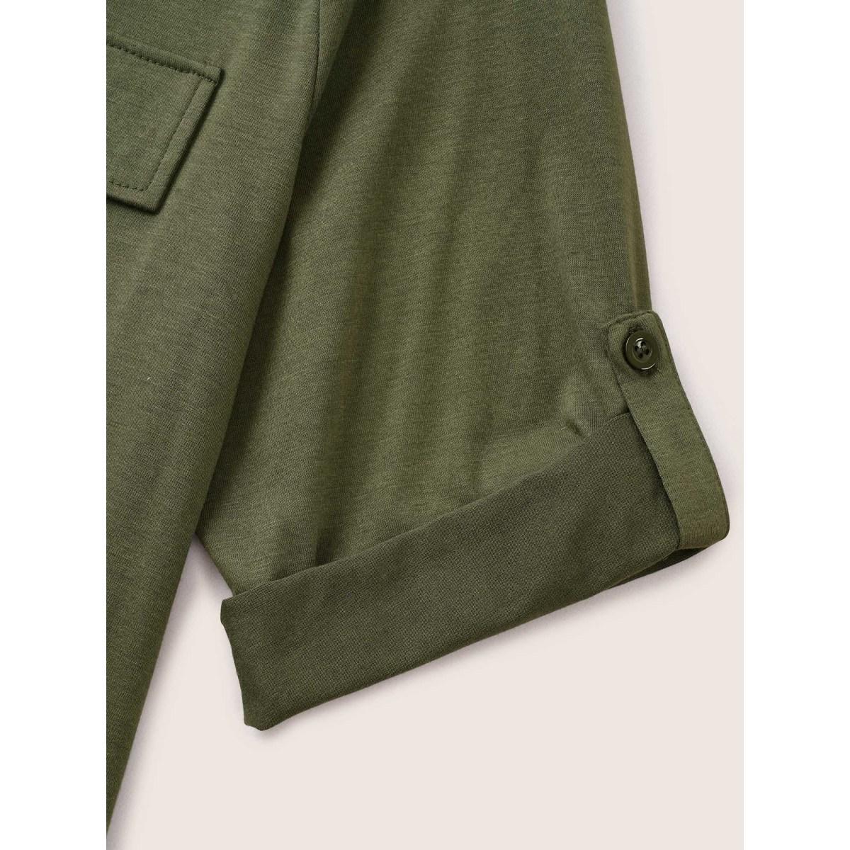 Plus Size Plain Half Zip Flap Detail Tab Sleeve Dress ArmyGreen Women At the Office Non Notched collar Elbow-length sleeve Curvy Midi Dress BloomChic 14-16/1X Product Image