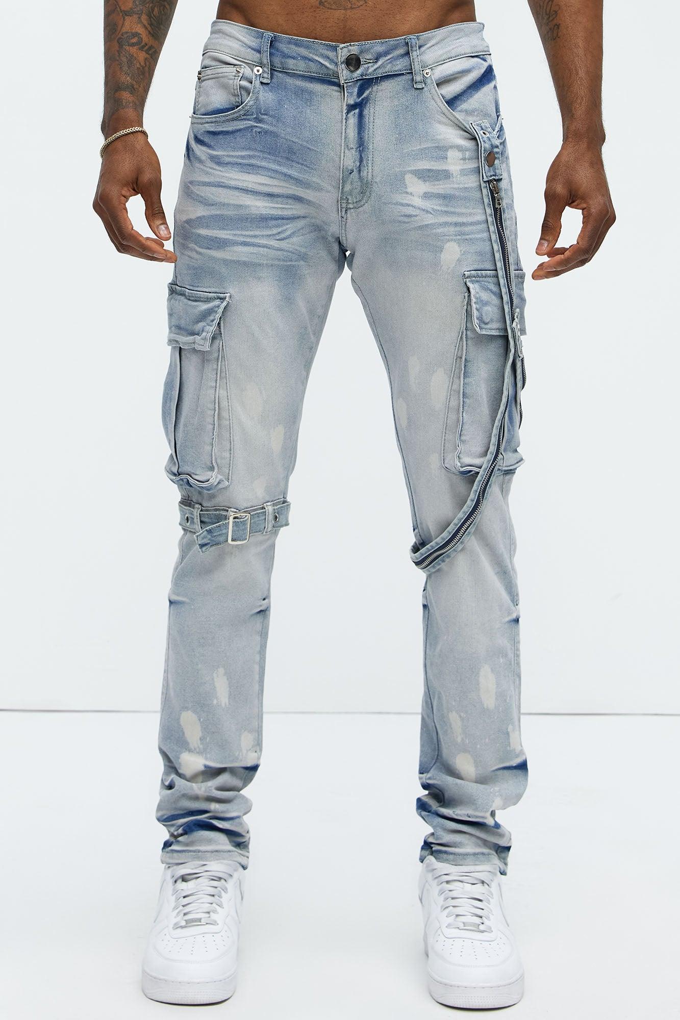 Buckle And Strap Stacked Skinny Jeans - Light Wash Product Image