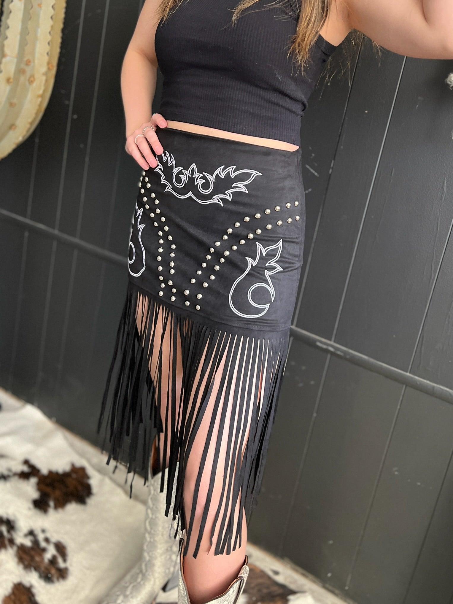 L&B Black Western Boot Stitch Embroidered Studded Suede Fringe Skirt Product Image
