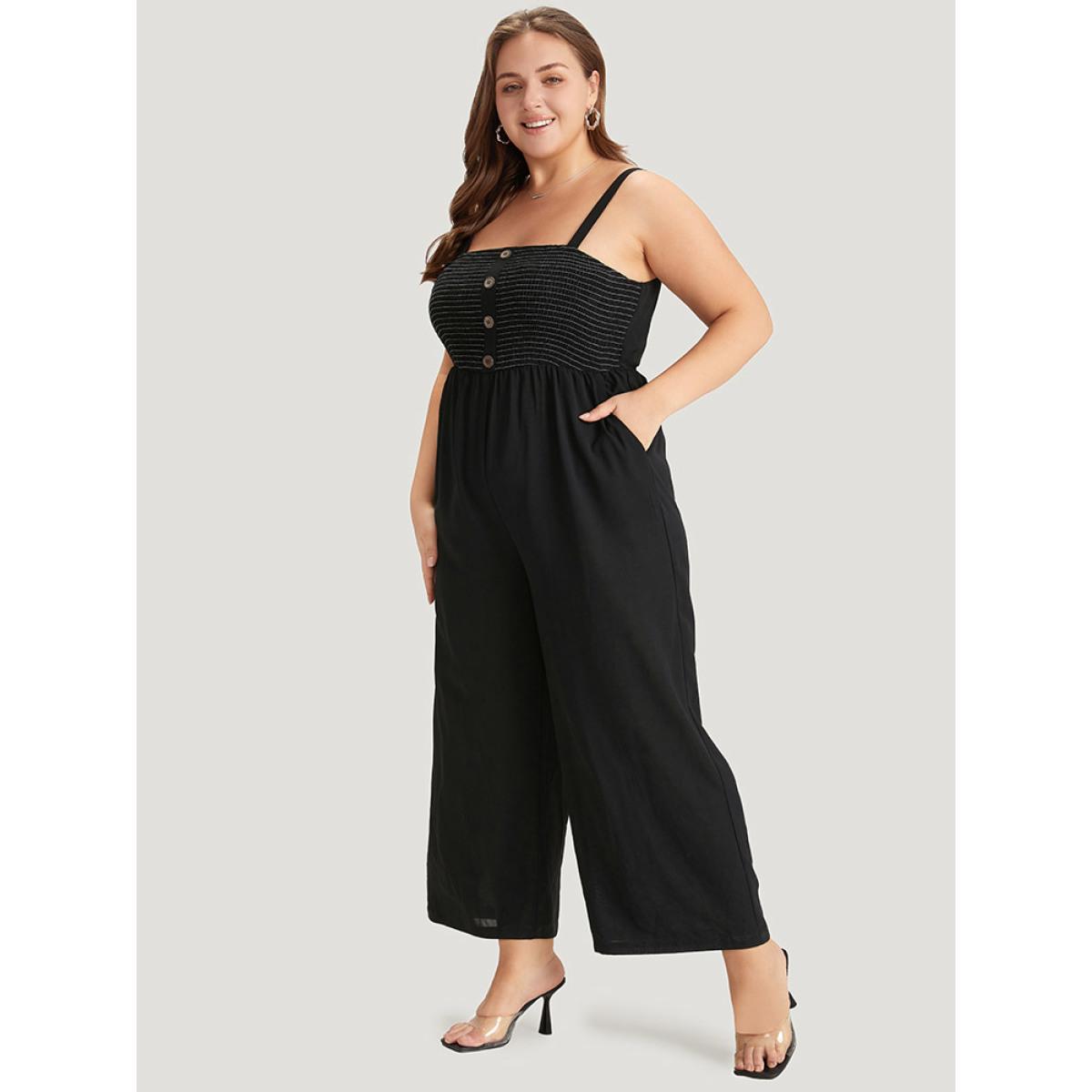 Plus Size Black Striped Patchwork Pocket Button Detail Shirred Cami Jumpsuit Women Casual Sleeveless Spaghetti Strap Dailywear Loose Jumpsuits BloomChic 28/5X Product Image