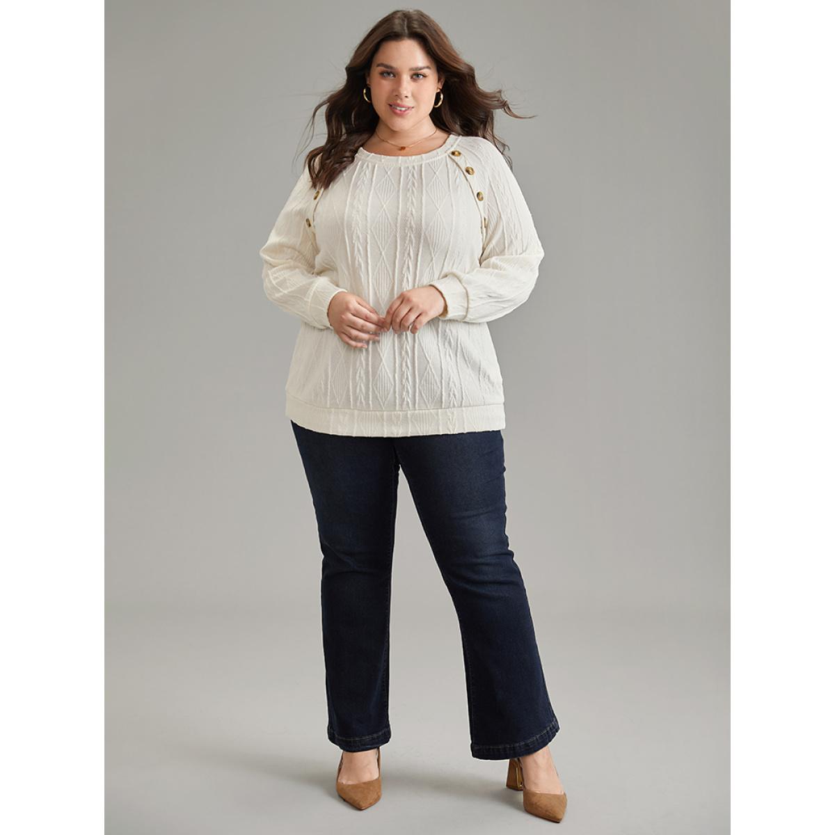 Plus Size Plain Texture Button Detail Knit Sweatshirt Women White Elegant Texture Round Neck Dailywear Sweatshirts BloomChic 14-16/1X Product Image