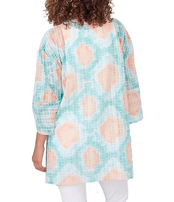 Ruby Rd. Car Diamond Sheer Knit Printed 3/4 Sleeve Patch Pocket Open-Front Cardigan Product Image