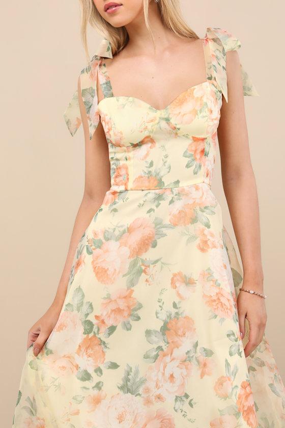 Olesya Light Yellow Floral Tie-Strap Midi Dress Product Image
