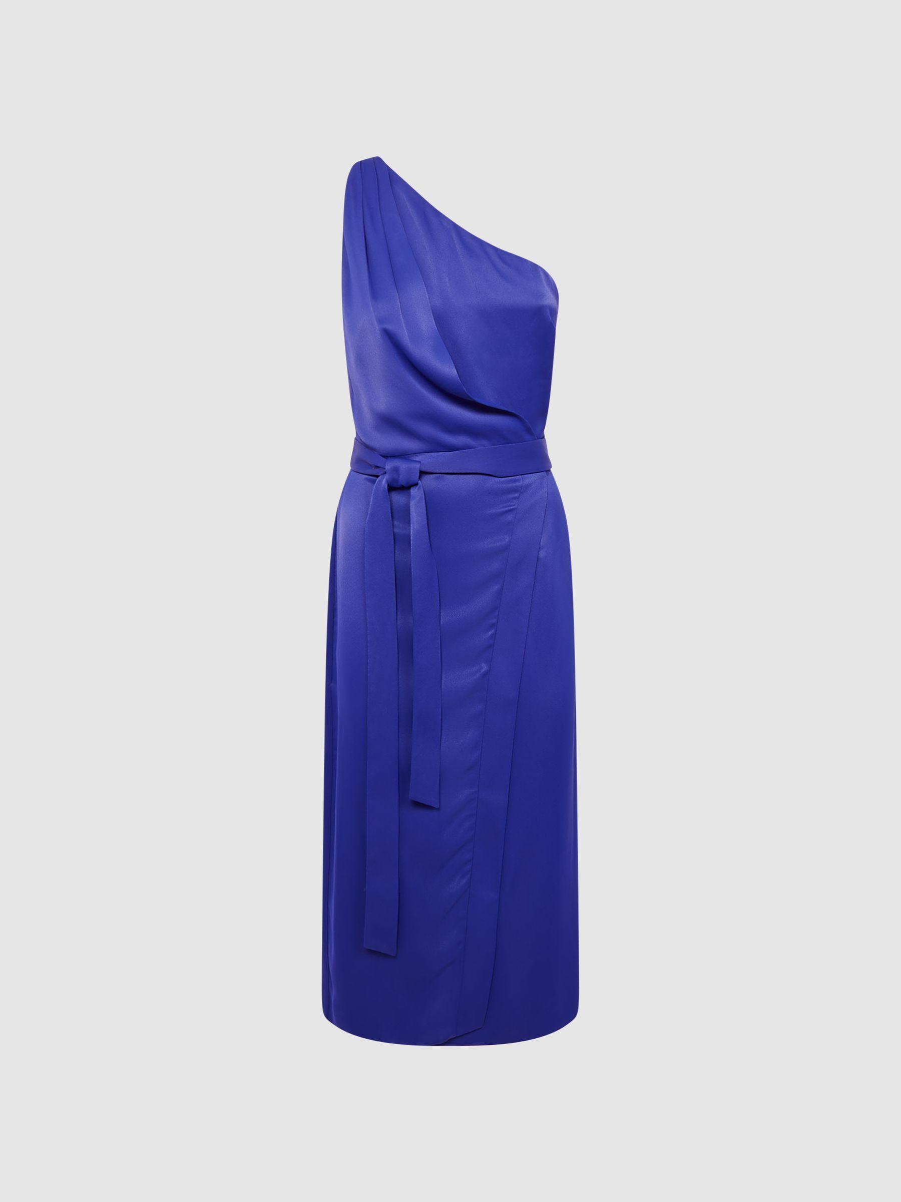 Off-The-Shoulder Satin Midi Dress in Purple Product Image