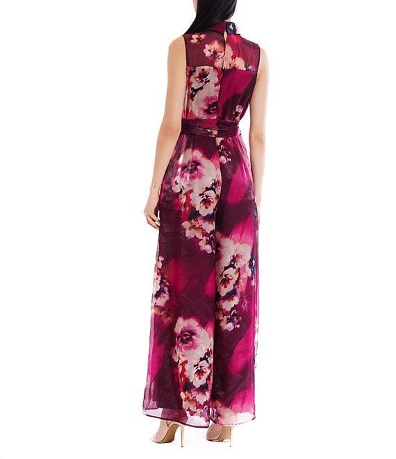 Julia Jordan Floral Print Collar Neckline Self Tie Sleeveless Wide Leg Jumpsuit Product Image