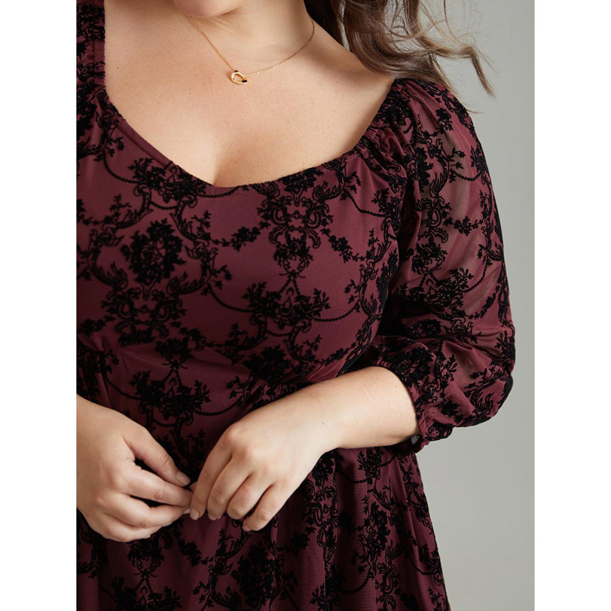 Plus Size Scarlet Silhouette Floral Print Contrast Flocking Square Neck Blouse Women Elegant Elbow-length sleeve Square Neck Everyday Blouses BloomChic 26/4X Product Image