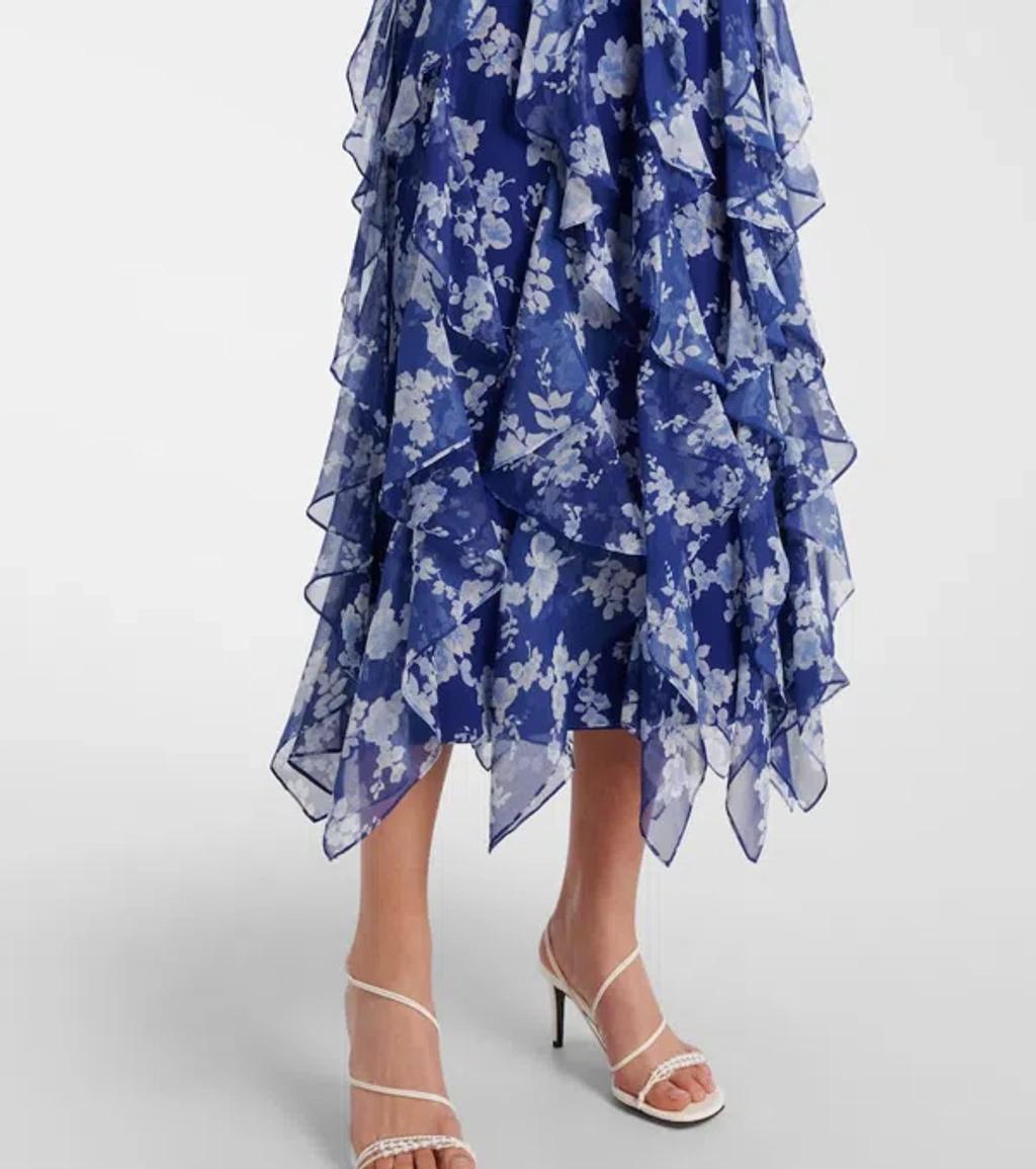 CAROLINA HERRERA Cape-effect Ruffled Floral-print Silk-crepon Midi Dress In Blue Product Image