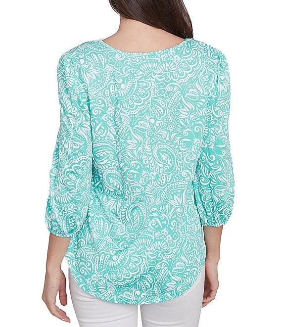 Ruby Rd. Knit Mixed Pattern Print Ladder Stitch Scoop Neck 3/4 Sleeve Top Product Image