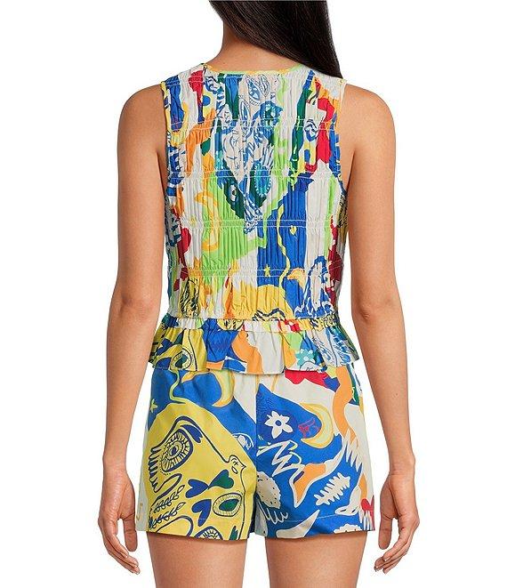 Chelsea & Violet Coordinating Natalie Printed Sleeveless V-Neckline Self Tie Smock Detail Front Blouse Product Image