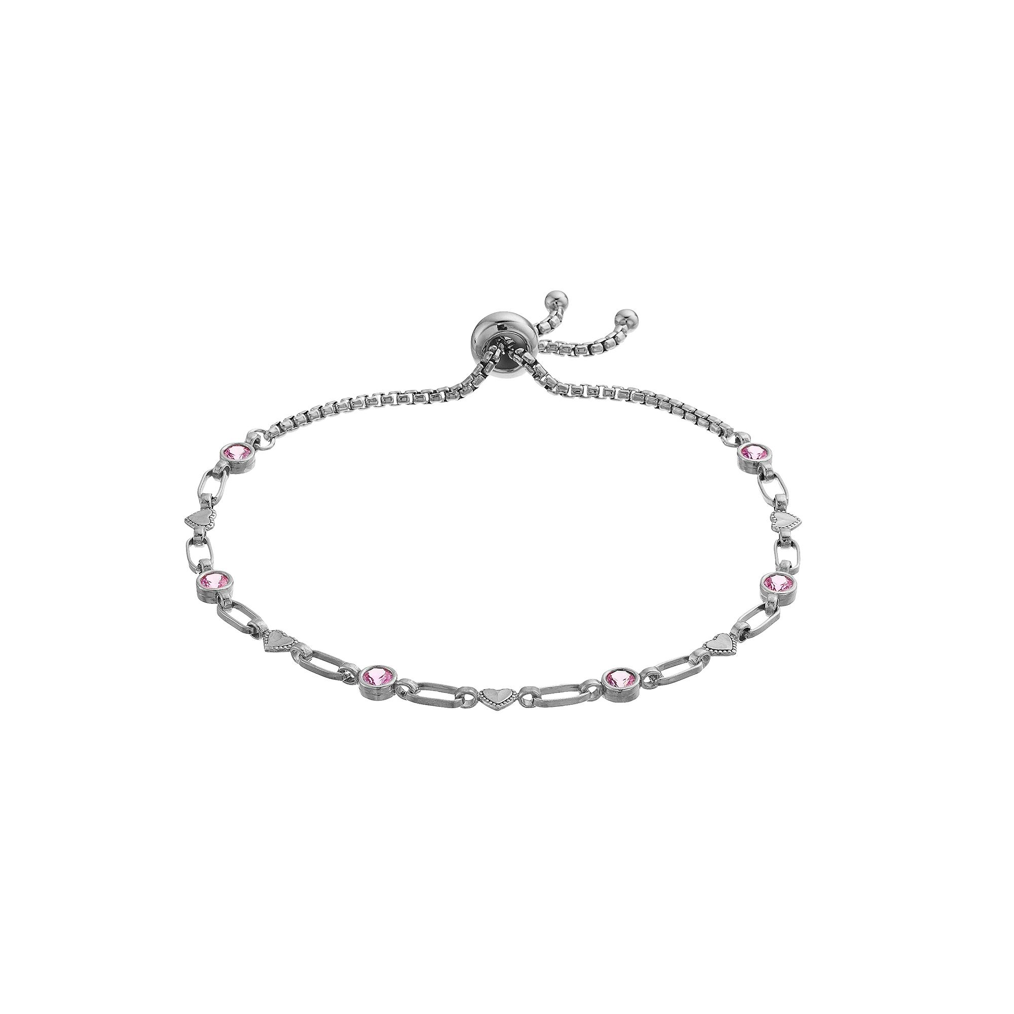 Kristen Kesho Sterling Silver Lab-Created Pink Sapphire & Heart Link Adjustable Bolo Bracelet, Women's, Size: 9.50 Product Image