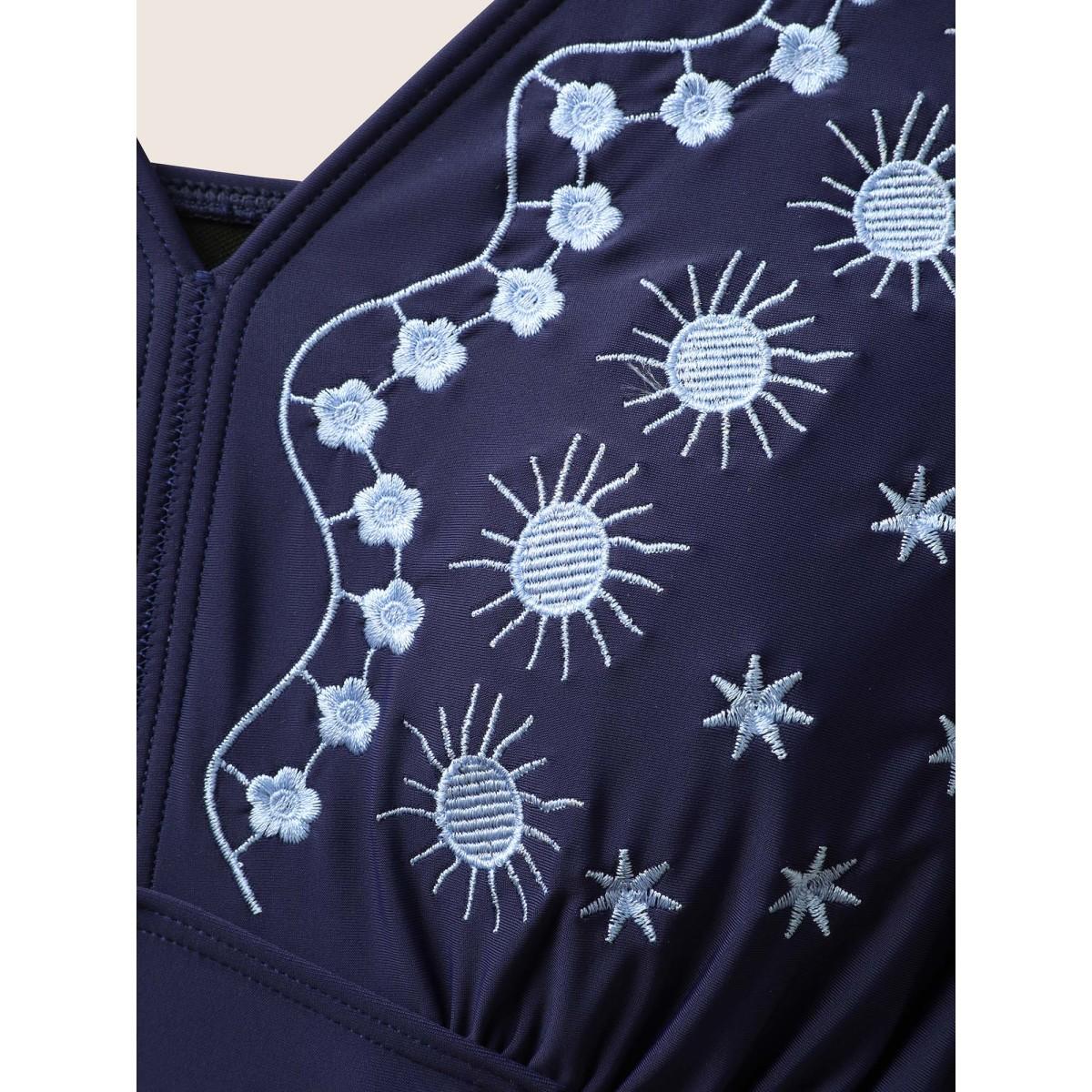 Plus Size V Neck Moon & Star Embroidered Gathered Swim Dress Women's Swimwear Midnight Beach Bodycon V-neck High stretch Curve Swim Dresses BloomChic 30/6X Product Image