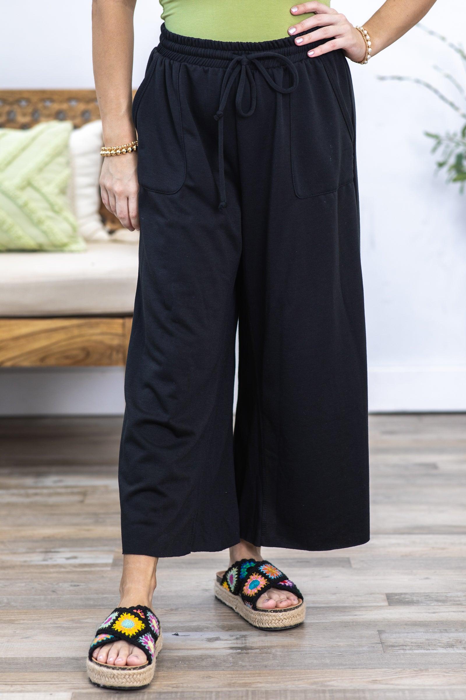 Black Tie-Wide Waist Banded Crop Pants Product Image