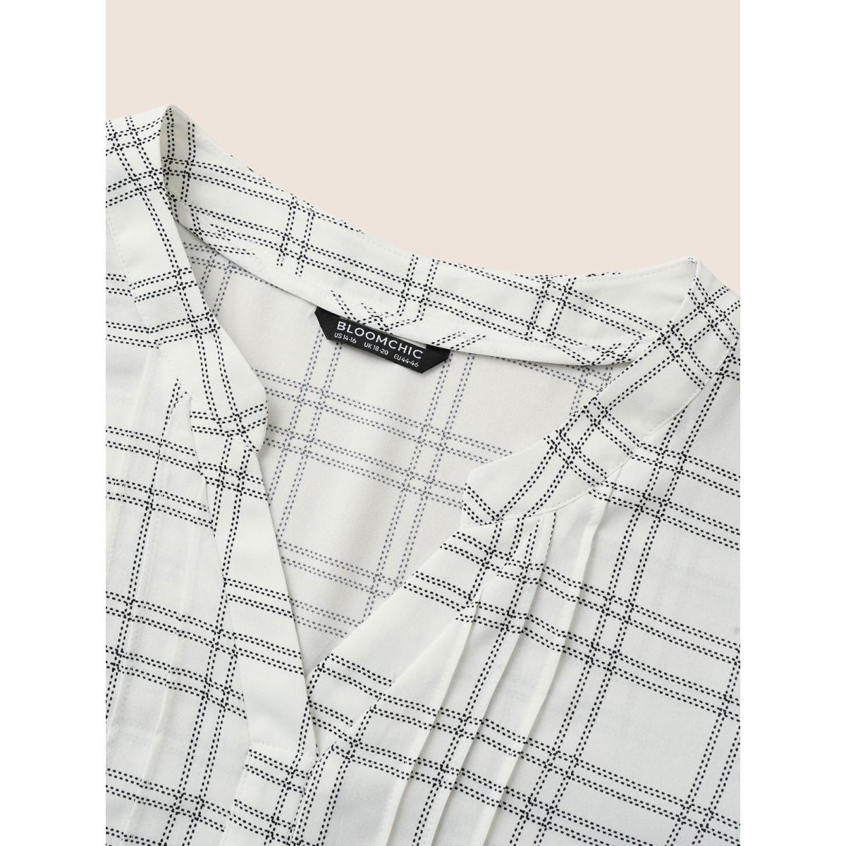 Plus Size White Plaid Notched Patchwork Ruffle Sleeve Blouse Women At the Office Half Sleeve Flat collar with V-notch Work Blouses BloomChic 18-20/2X Product Image