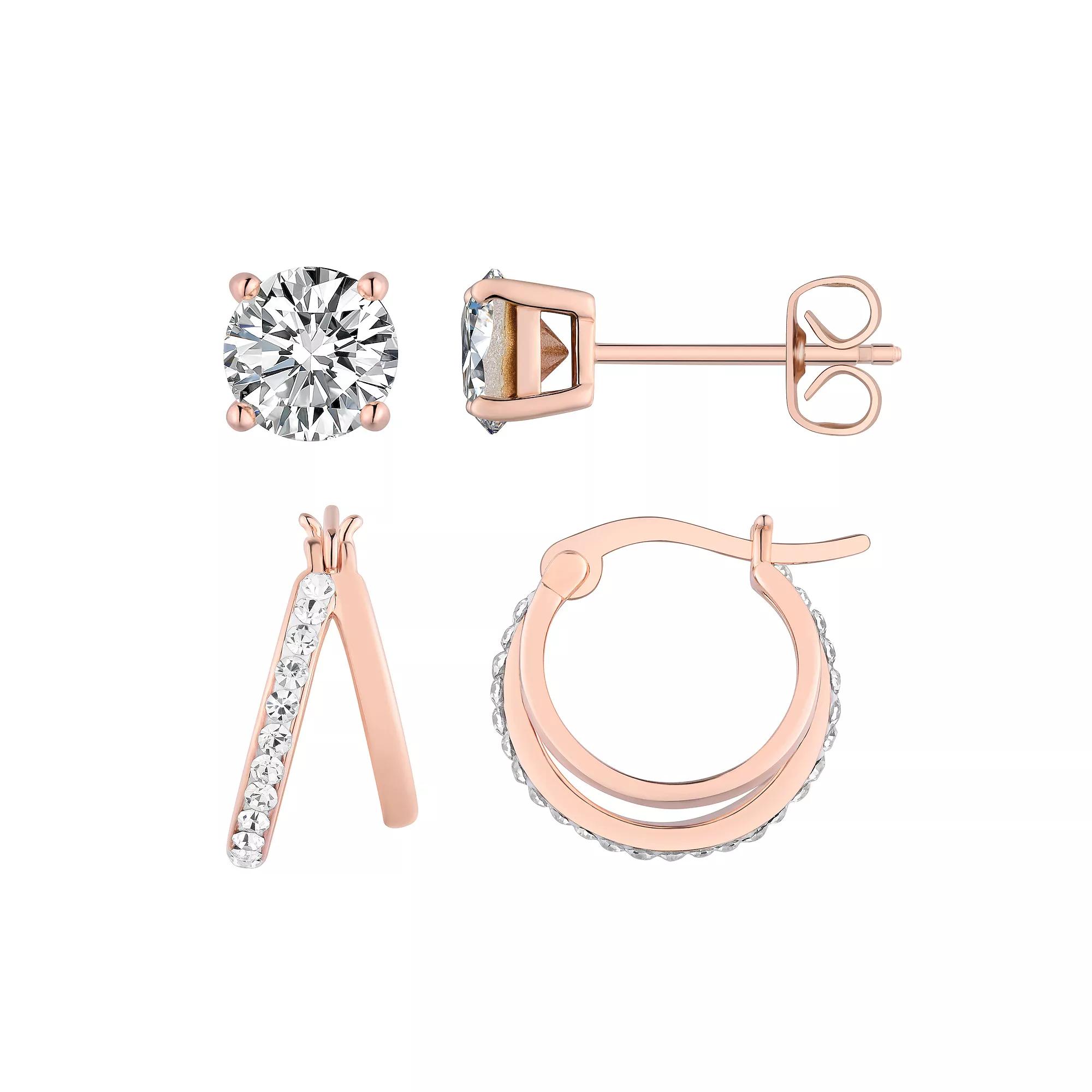 Chrystina Crystal 2 Pair Stud & Split Hoop Earring Set, Women's, Rose Gold Tone Product Image