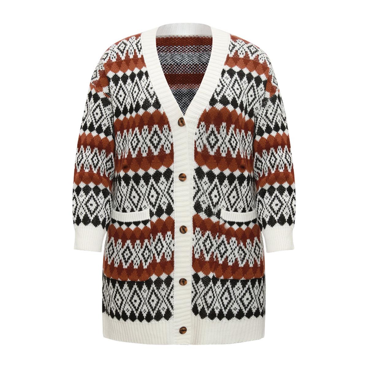 Plus Size Geometric Jacquard Pocket Button Up Cardigan Chocolate Women Casual Loose Long Sleeve Dailywear Cardigans BloomChic 12/L Product Image