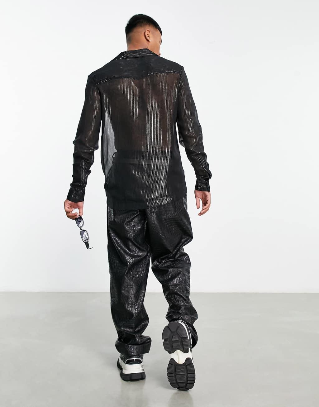 ASOS DESIGN regular shirt sheer with gold stripe Product Image