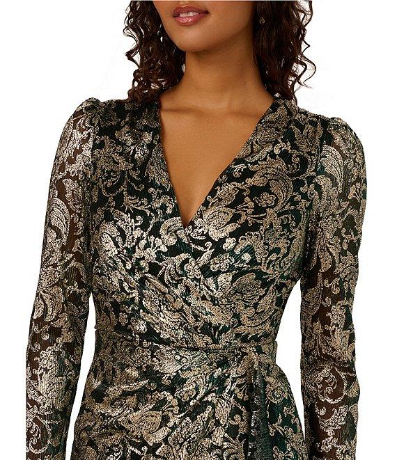 Adrianna Papell Chiffon Crinkle Metallic Long Sleeve Short Wrap Dress Product Image