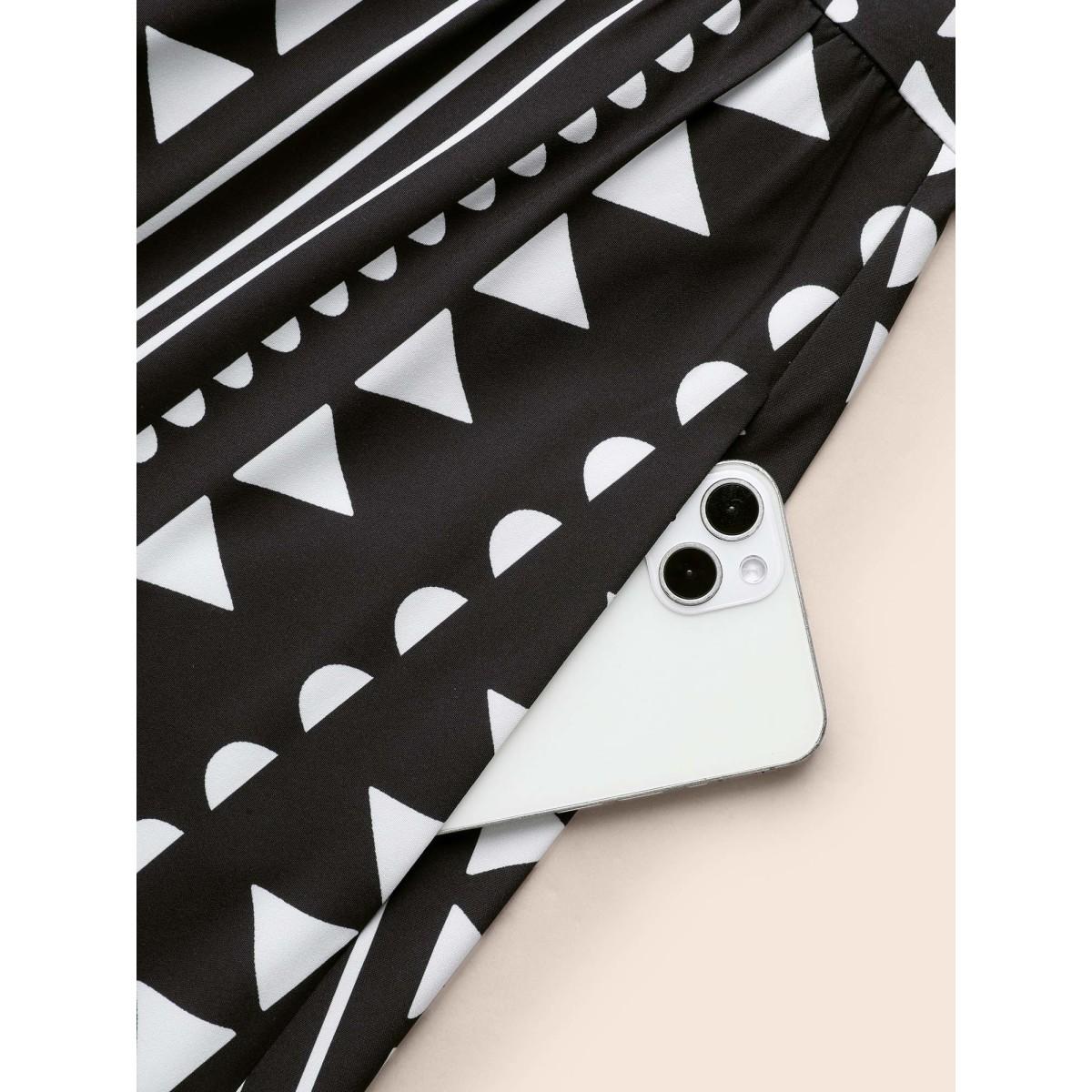 Plus Size Geometric V Neck Lantern Sleeve Dress Black Women Resort Non V-neck Elbow-length sleeve Curvy BloomChic 12/L Product Image