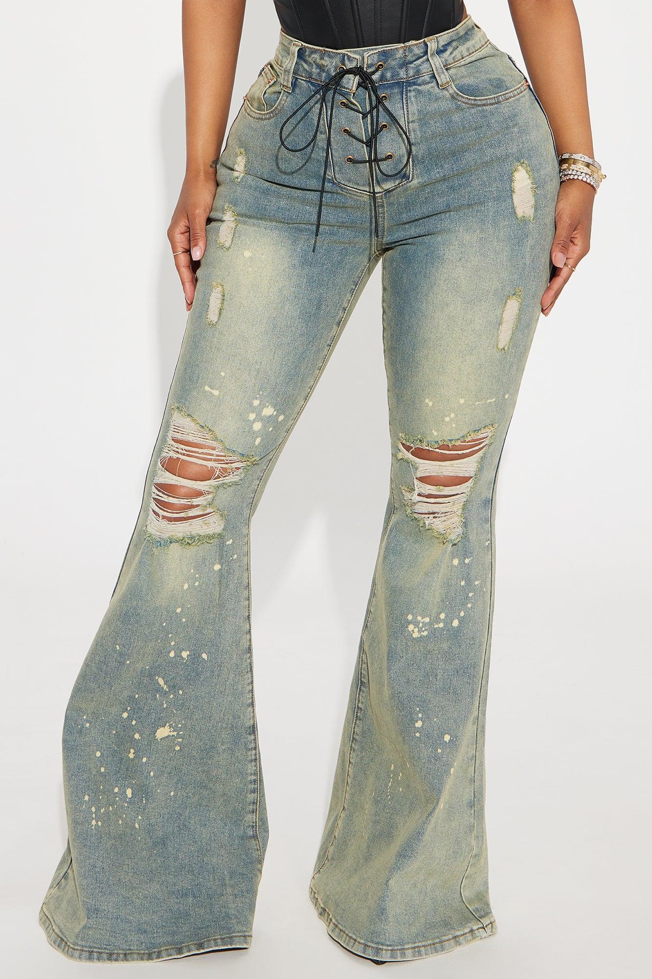 What Im About Stretch Lace Up Tinted Flare Jeans - Vintage Wash Product Image