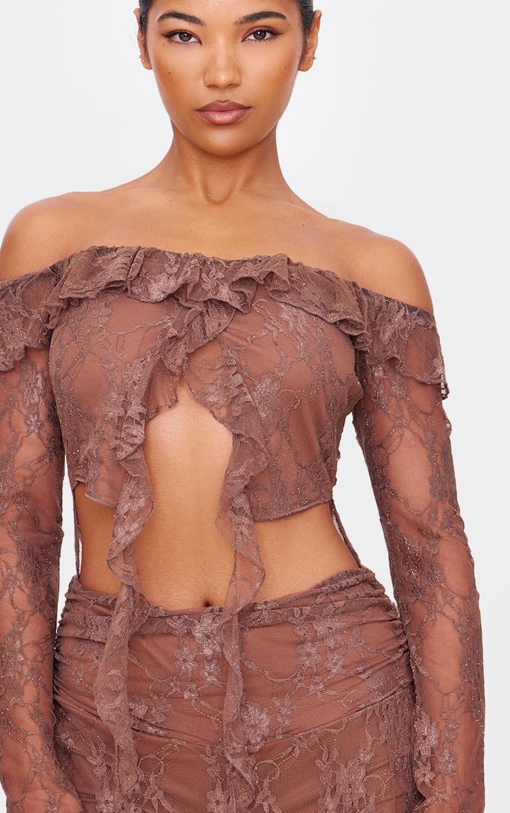 Chocolate Lace Cut Out Bardot Filly Detail Romper Product Image