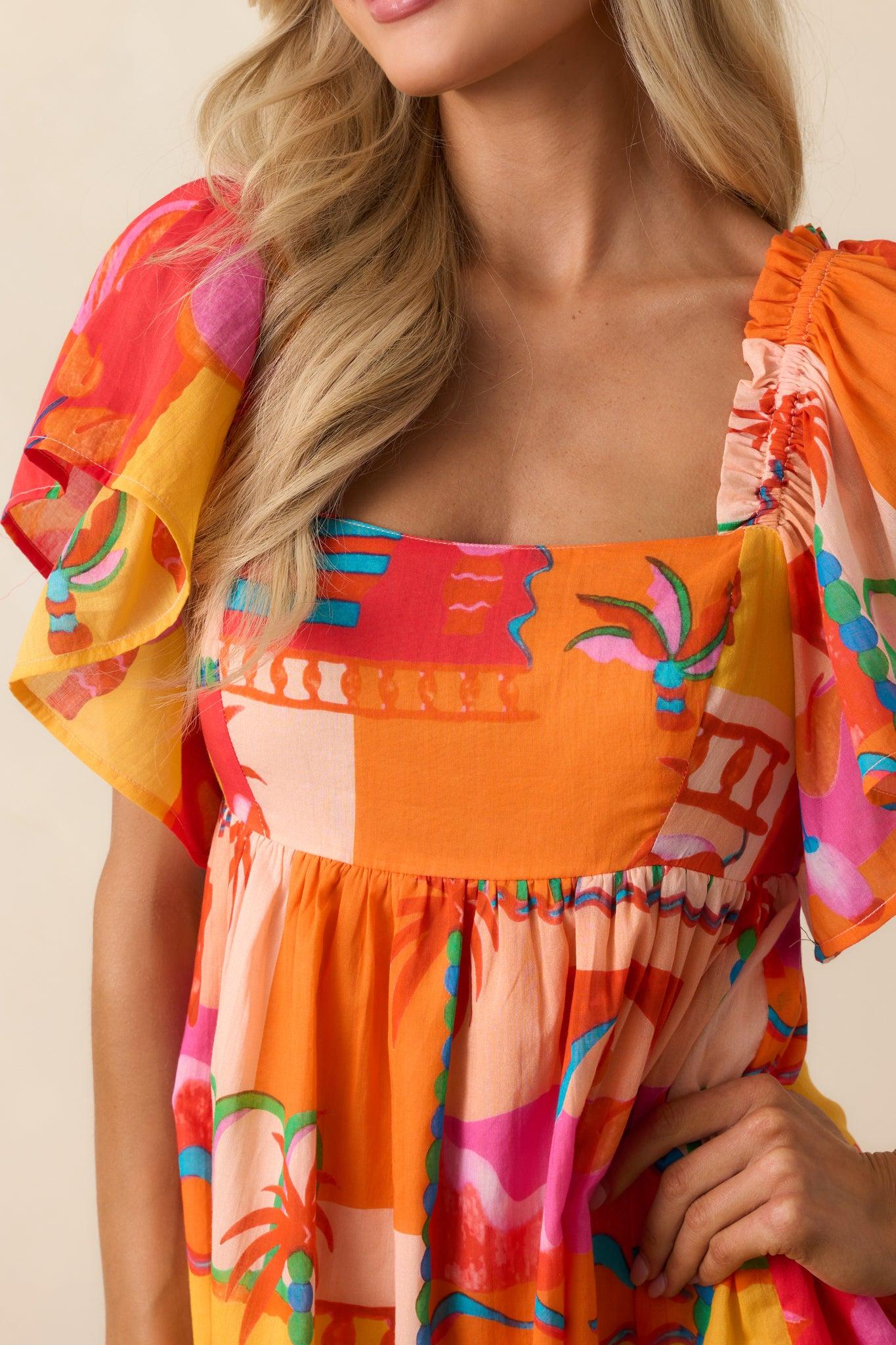 By The Shore Orange Tropical Print Cotton Mini Dress Product Image
