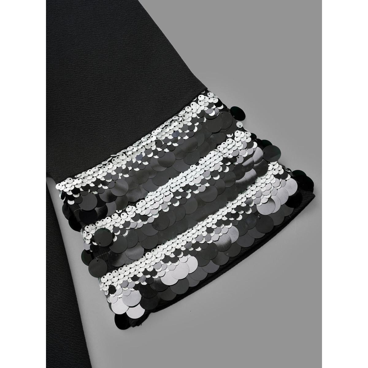 Plus Size Black Sequin Patchwork Keyhole Bell Sleeve Blouse Women Elegant Three Quater Length Sleeve Round Neck Everyday Blouses BloomChic 26/4X Product Image