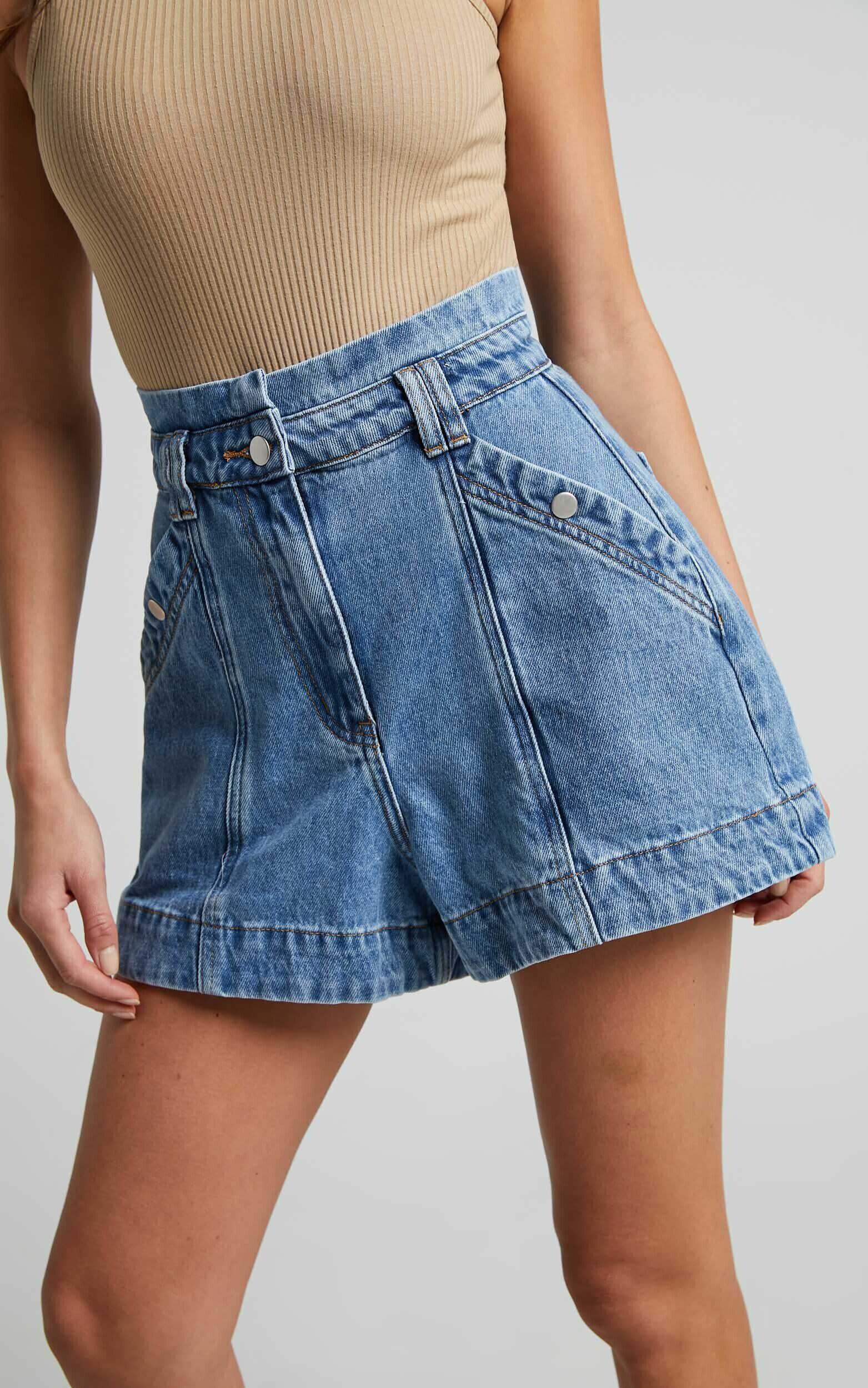 Kayla Shorts - High Waisted A Line Denim Shorts in Mid Blue Wash Product Image