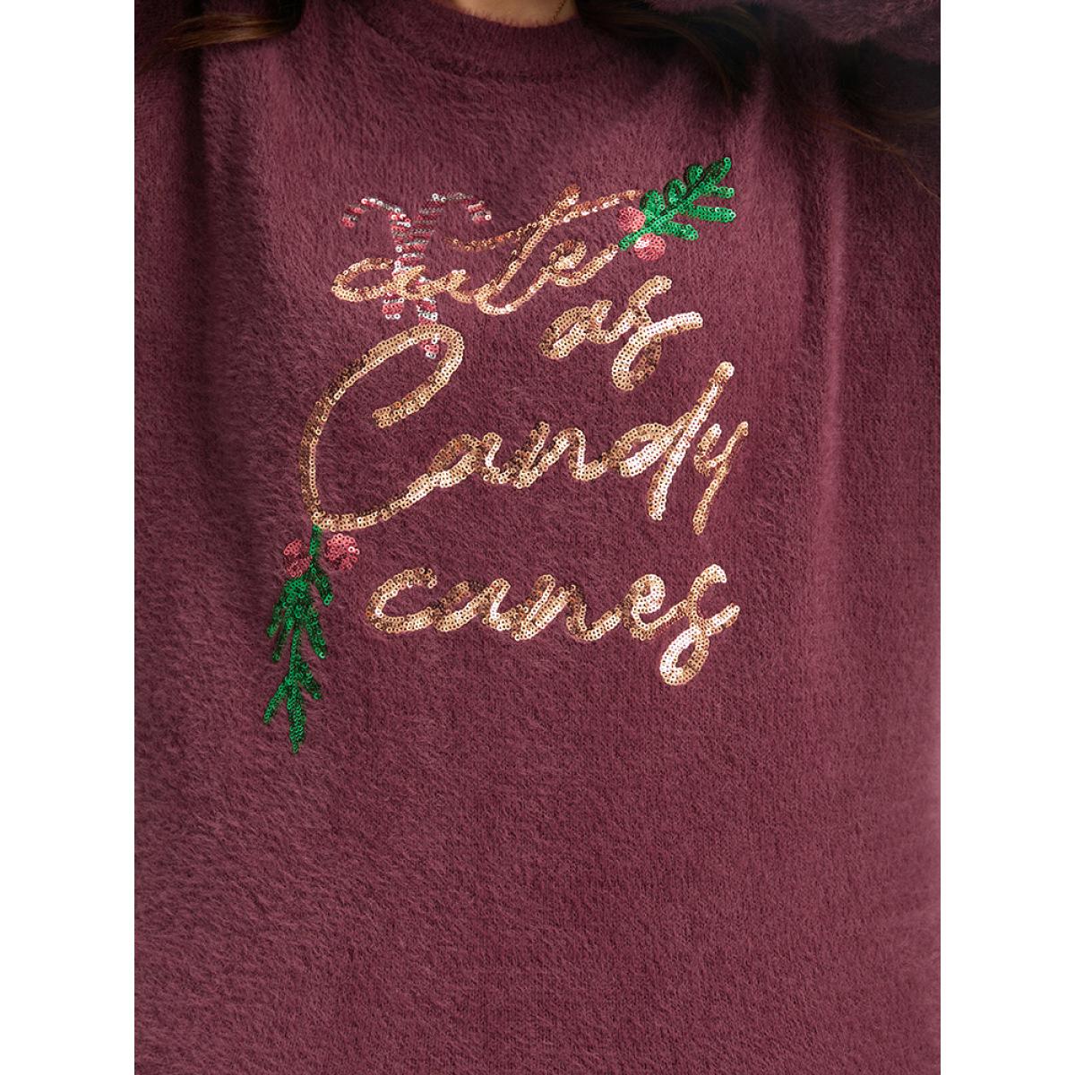 Plus Size Christmas Sequin Embroidered Fluffy Pullover Burgundy Women Casual Loose Long Sleeve Round Neck Festival-Christmas Pullovers BloomChic 12/L Product Image