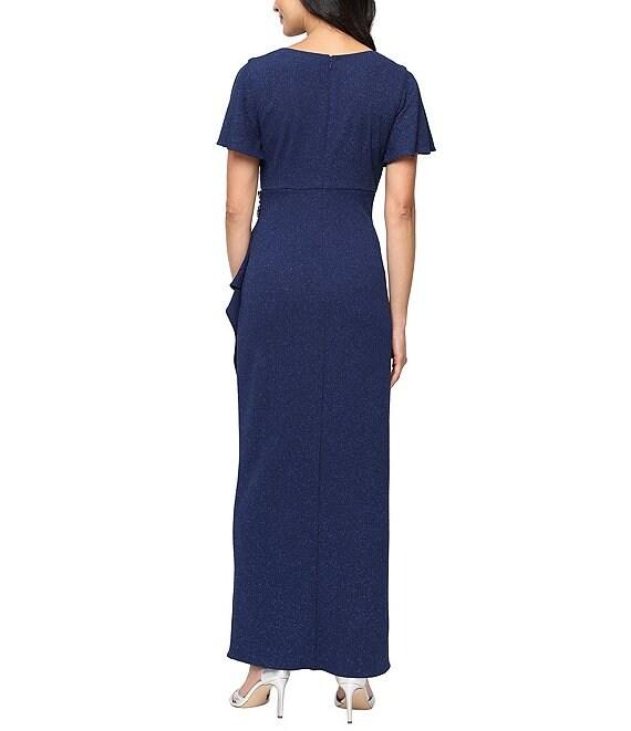 Ignite Evenings Short Flutter Sleeve V-Neck Glitter Knit Empire Embellished Waist Faux Wrap Maxi Dress Product Image