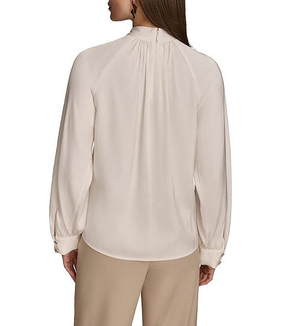 Donna Karan Stretch Satin Gold-Button Mock Neck Long Sleeve Top Product Image
