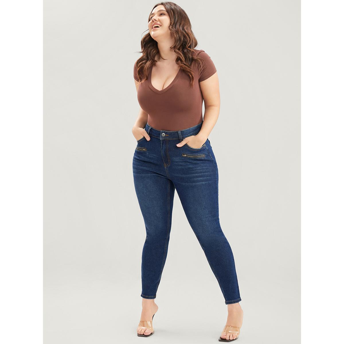 Plus Size Skinny Slightly Stretchy High Rise Dark Wash Zipper Front Jeans Women Indigo Casual Plain Zipper Low stretch Pocket Jeans BloomChic 16/1X Product Image