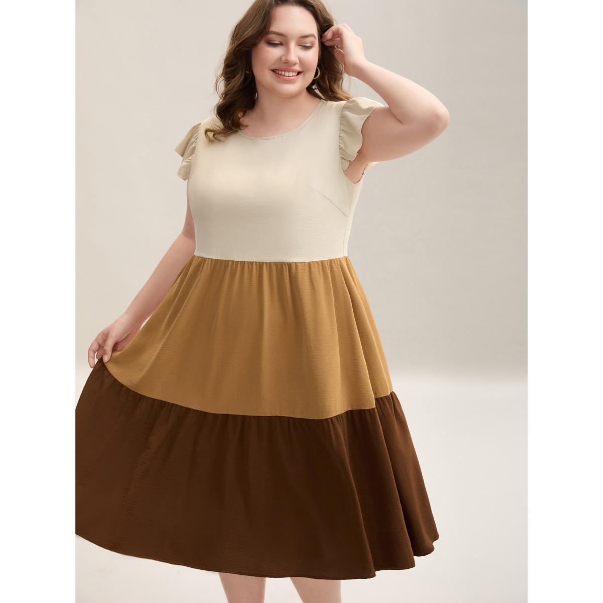 Plus Size Color Block Ruffled Sleeve Tiered Midi Dress LightBrown Women Casual Contrast Round Neck Cap Sleeve Curvy BloomChic 18-20/2X Product Image