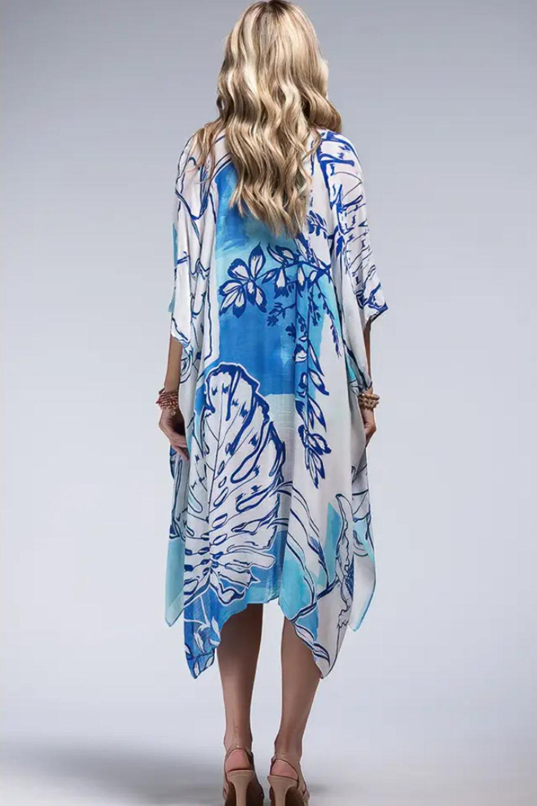 Bohemian and Glam Kimono - Blue Palm on White Product Image