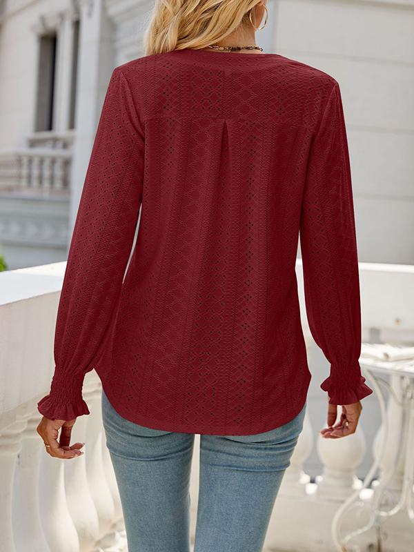 Long Sleeves Loose Elasticity Hollow Solid Color V-Neck T-Shirts Tops Product Image