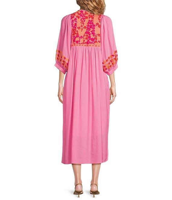 J.Marie Carlie Split V-Neck 3/4 Sleeve Embroidered Caftan Midi Dress Product Image