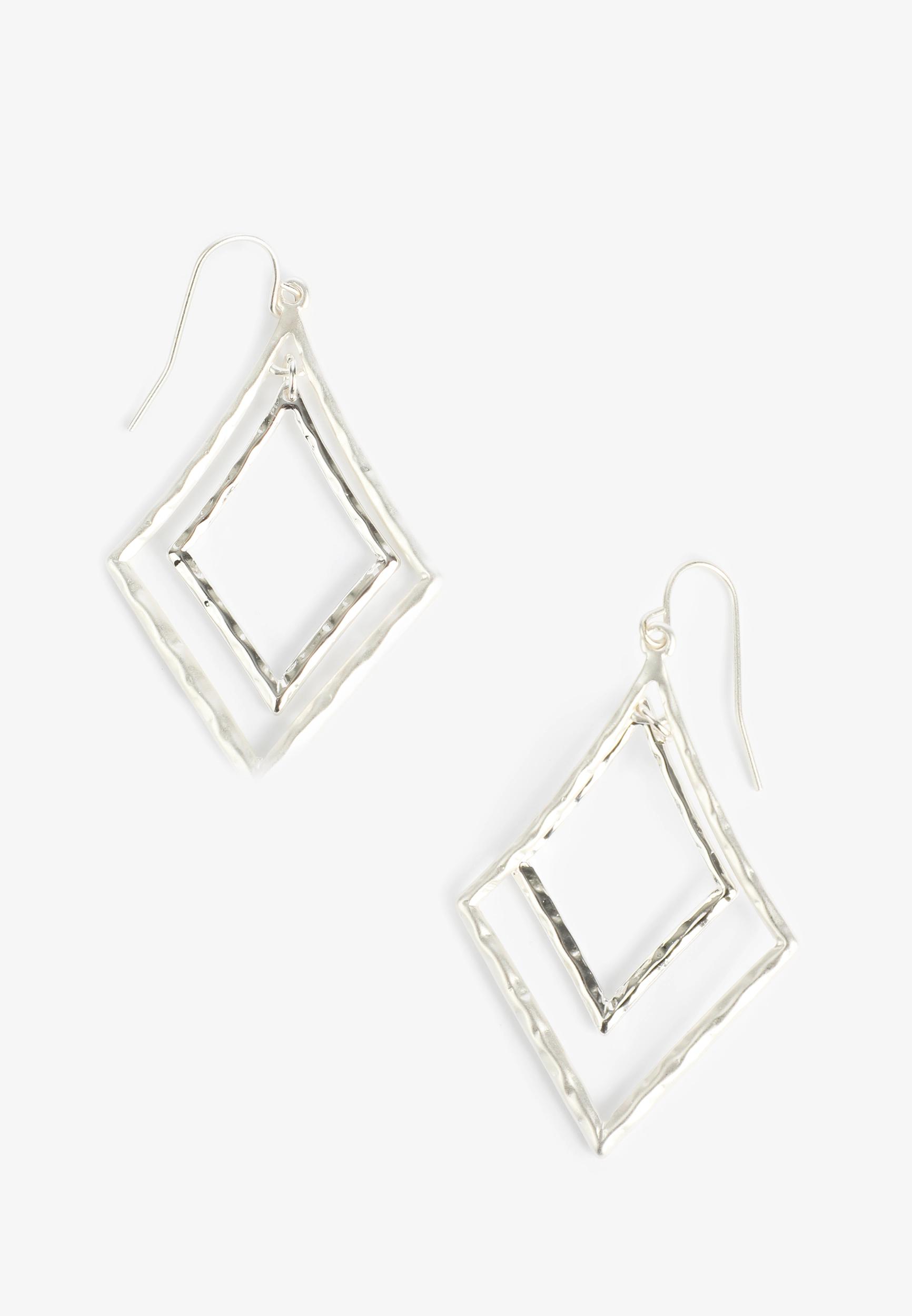 Silver Hammered Double Diamond Shape Drop Earrings Product Image