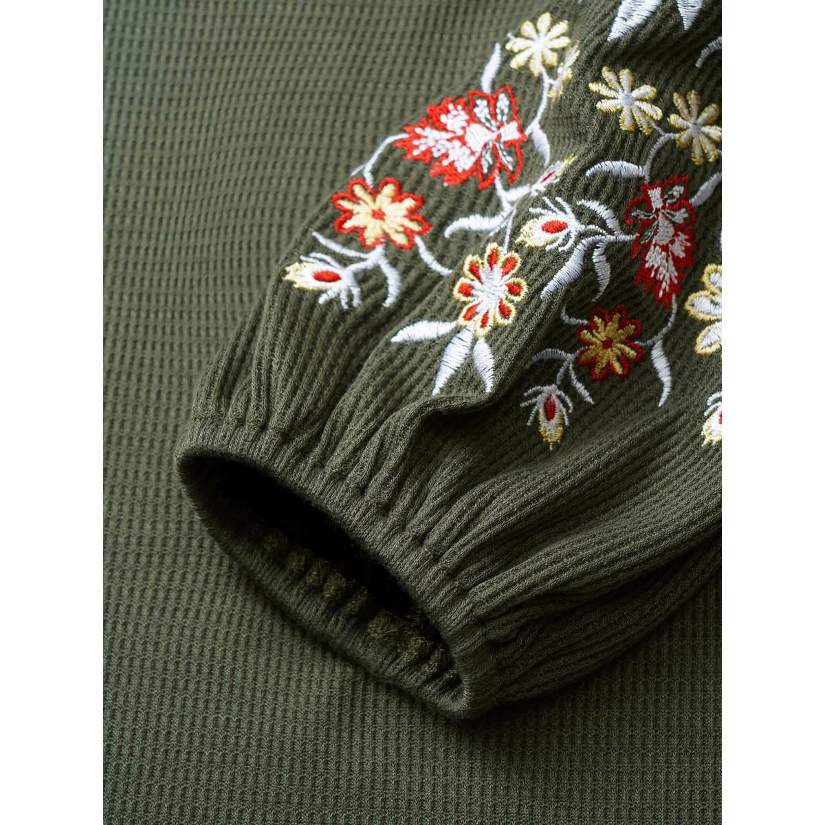 Plus Size Waffle Knit Floral Embroidered Lantern Sleeve T-shirt ArmyGreen Women Leisure Texture Floral Round Neck Casual T-shirts BloomChic 14-16/1X Product Image