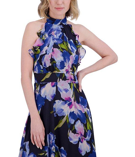 Eliza J Chiffon Floral Print Halter Neck Sleeveless Ruffle Maxi Dress Product Image
