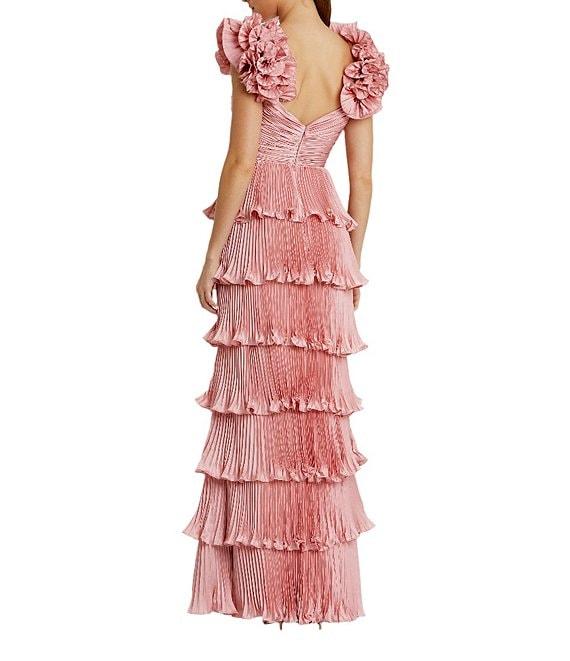 Mac Duggal Satin Sweetheart Neck Ruffle Cap Sleeve Tiered Pleated Fit and Flare Gown Product Image