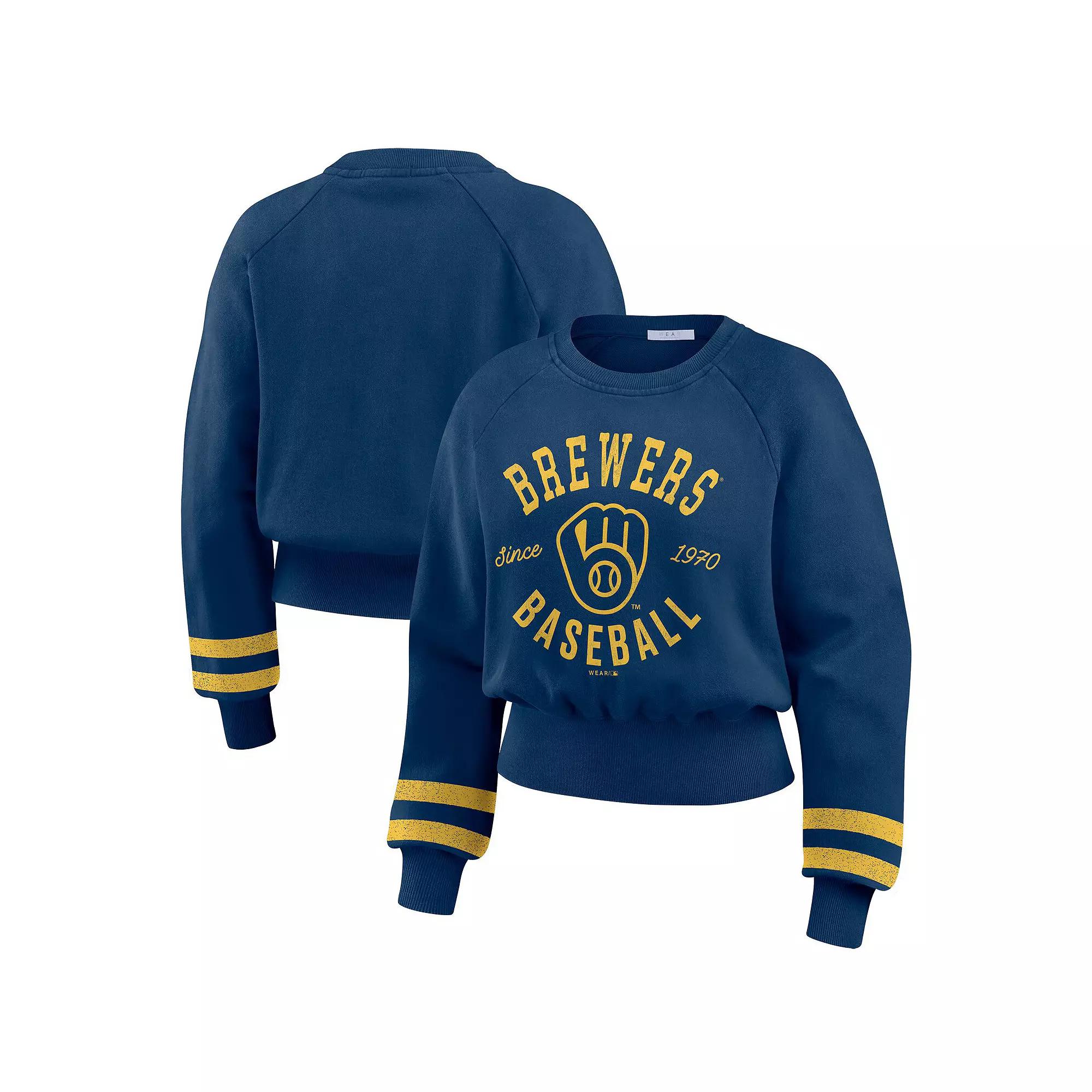 Women's WEAR by Erin Andrews Navy Milwaukee Brewers Vintage Washed Cropped Pullover Sweatshirt,  Product Image