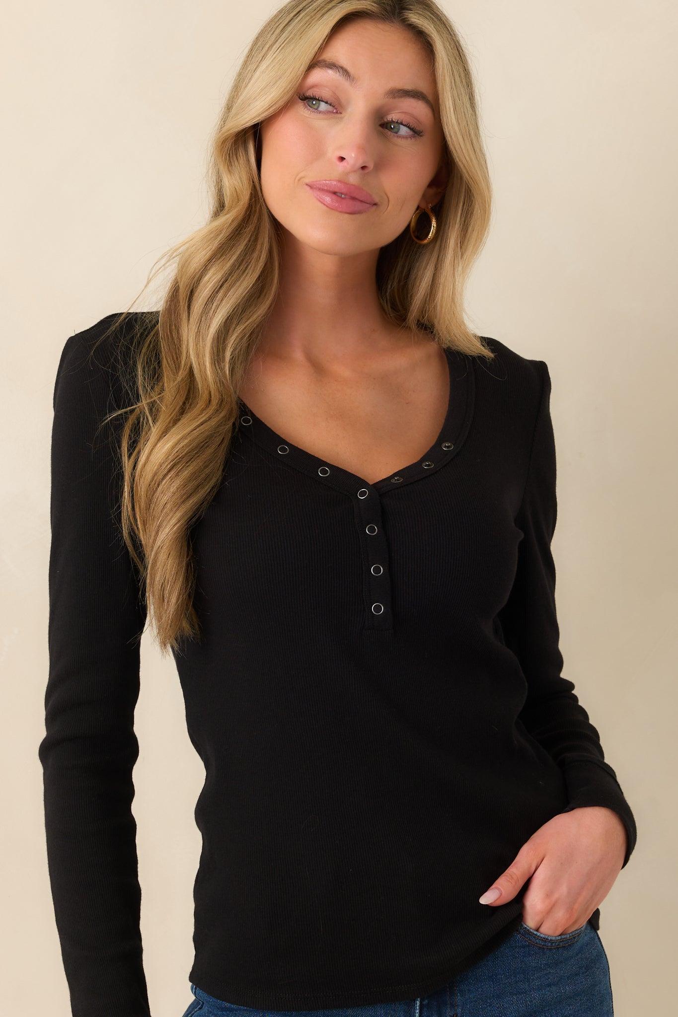 Everyday Envy Black Ribbed Cotton Long Sleeve Henley Tee L / Black Product Image