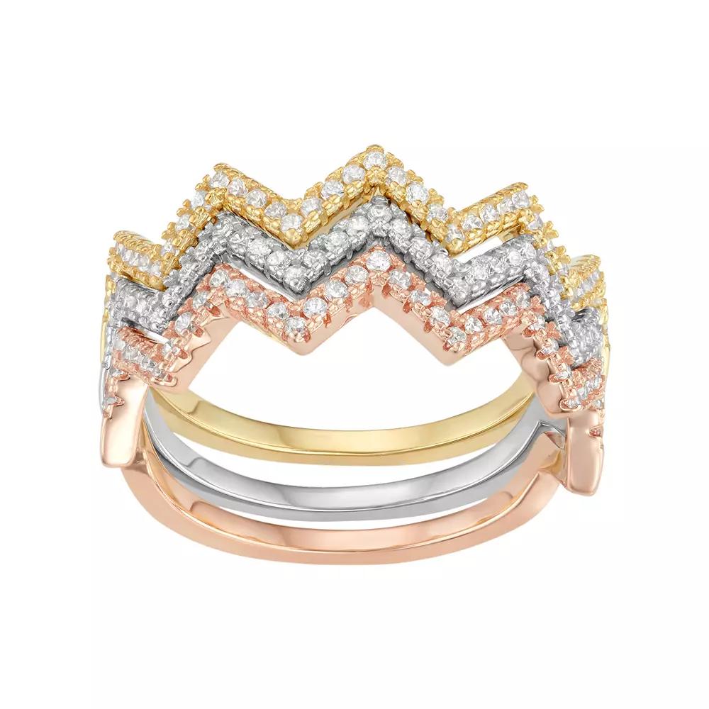 Cubic Zirconia Tri-Tone Sterling Silver Zigzag Stack Ring Set, Women's, Size: 8, Multicolor Product Image