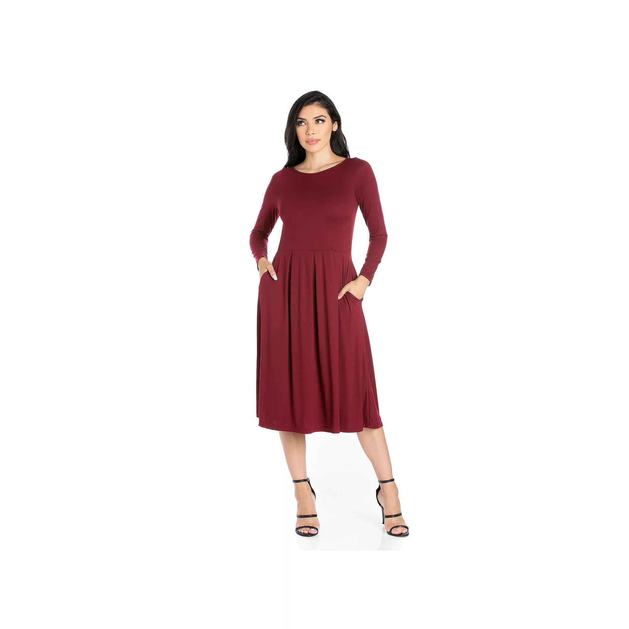 Women's 24Seven Comfort Apparel Long Sleeve Fit & Flare Dress with Pockets,  Product Image