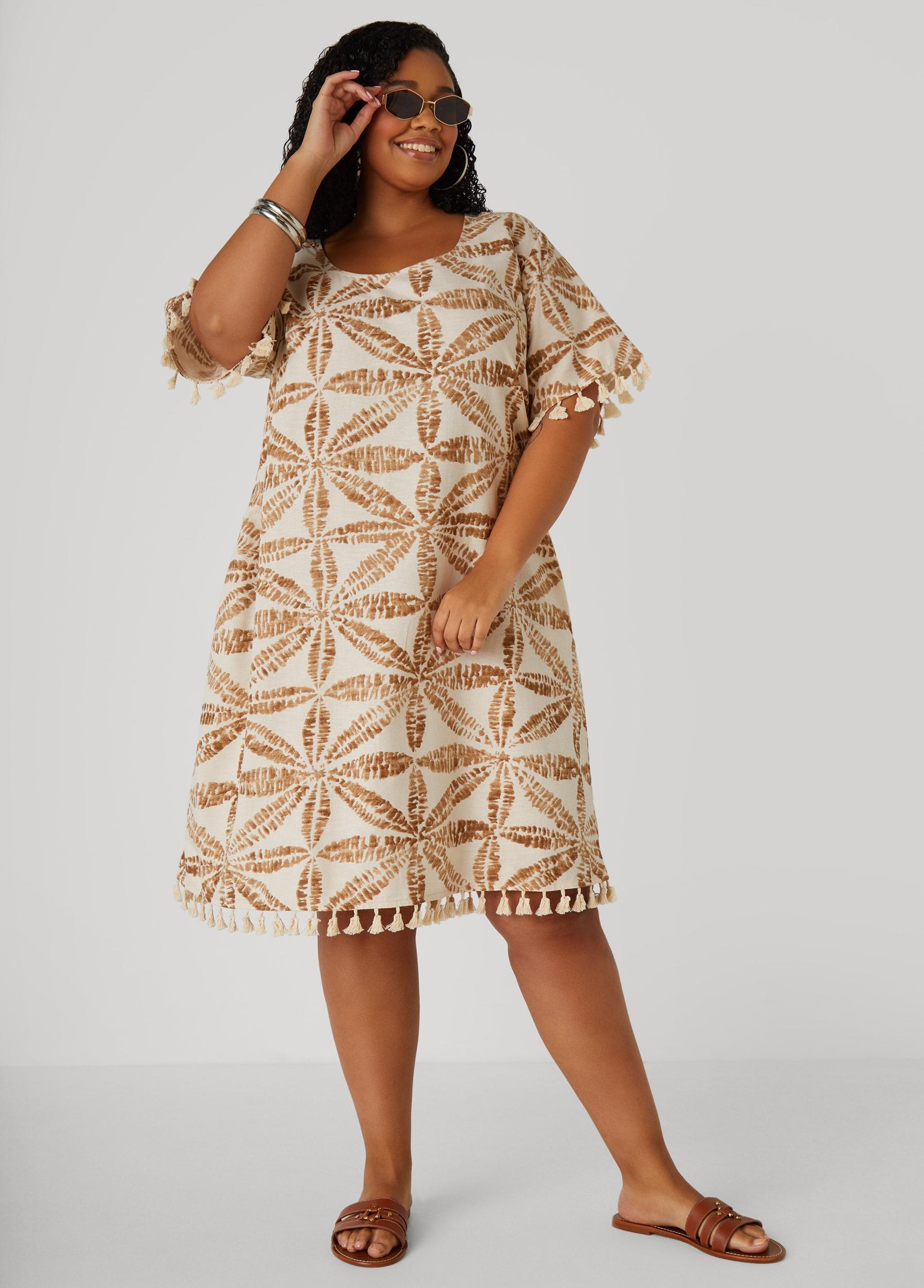 Plus Size Tasseled Palm Print Dress Ashley Stewart Product Image