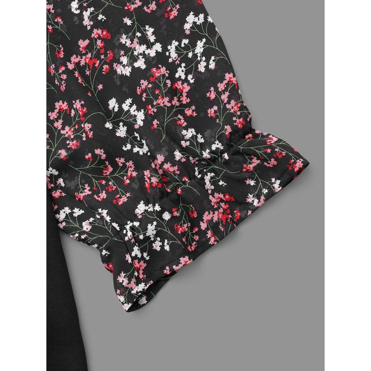 Plus Size Black V Neck Ditsy Floral Patchwork Blouse Women Elegant Elbow-length sleeve V-neck Everyday Blouses BloomChic 10/M Product Image