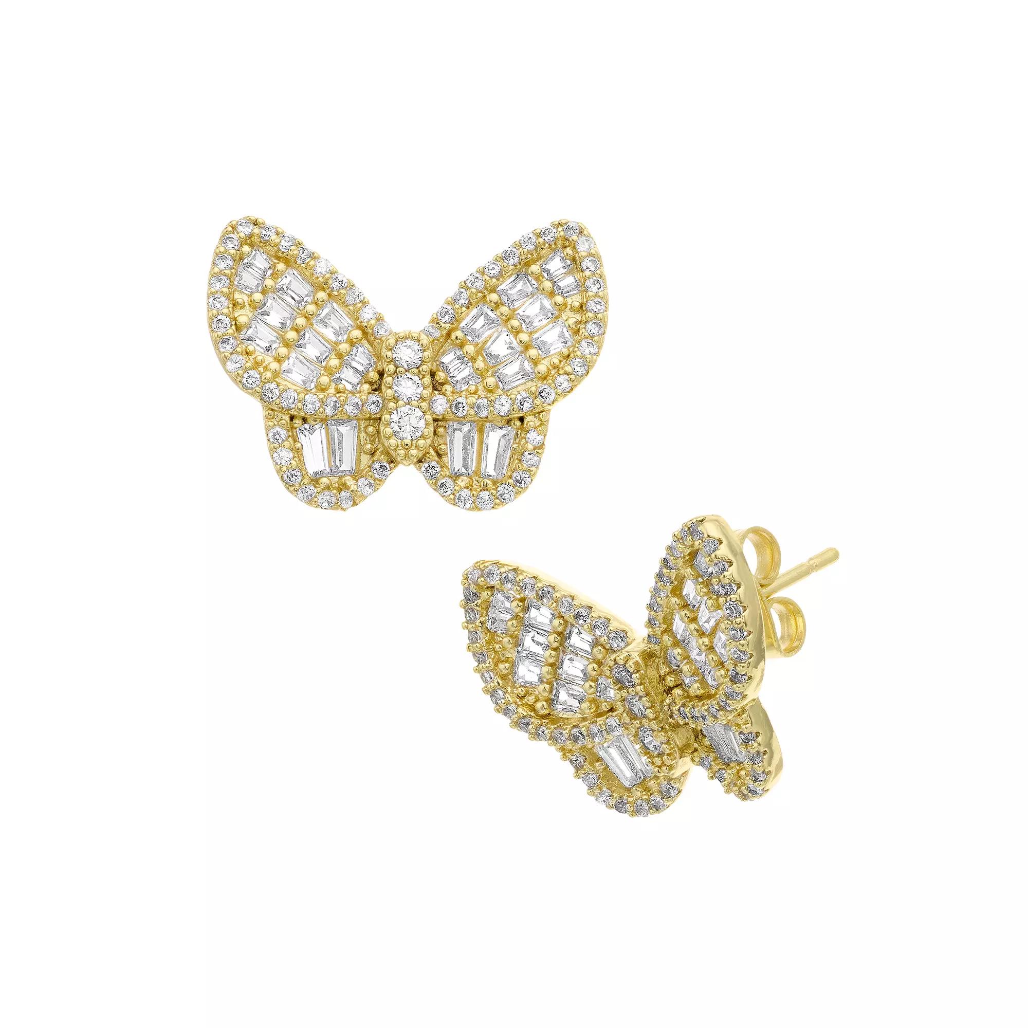 14k Gold Over Silver Cubic Zirconia Butterfly Stud Earrings, Womens, Gold Tone Product Image